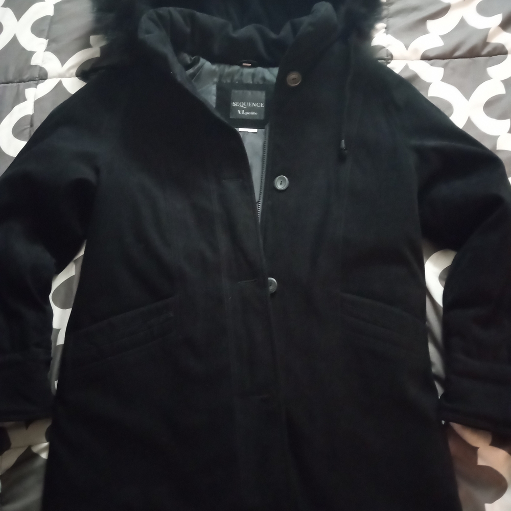 Sequence Black Hooded Coat with Fur Trim